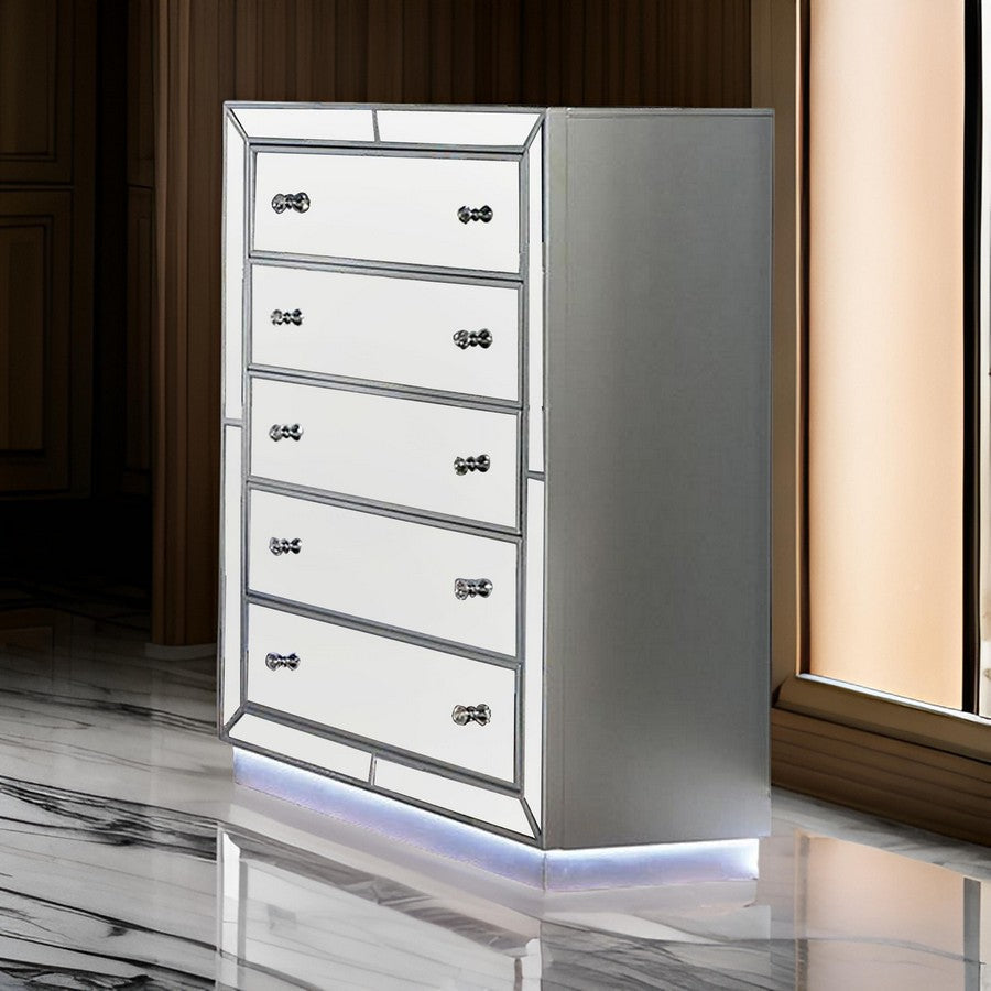 Donna 50 Inch Tall Dresser Chest 5 Drawers LED Silver and Mirror Finish By Casagear Home BM310947