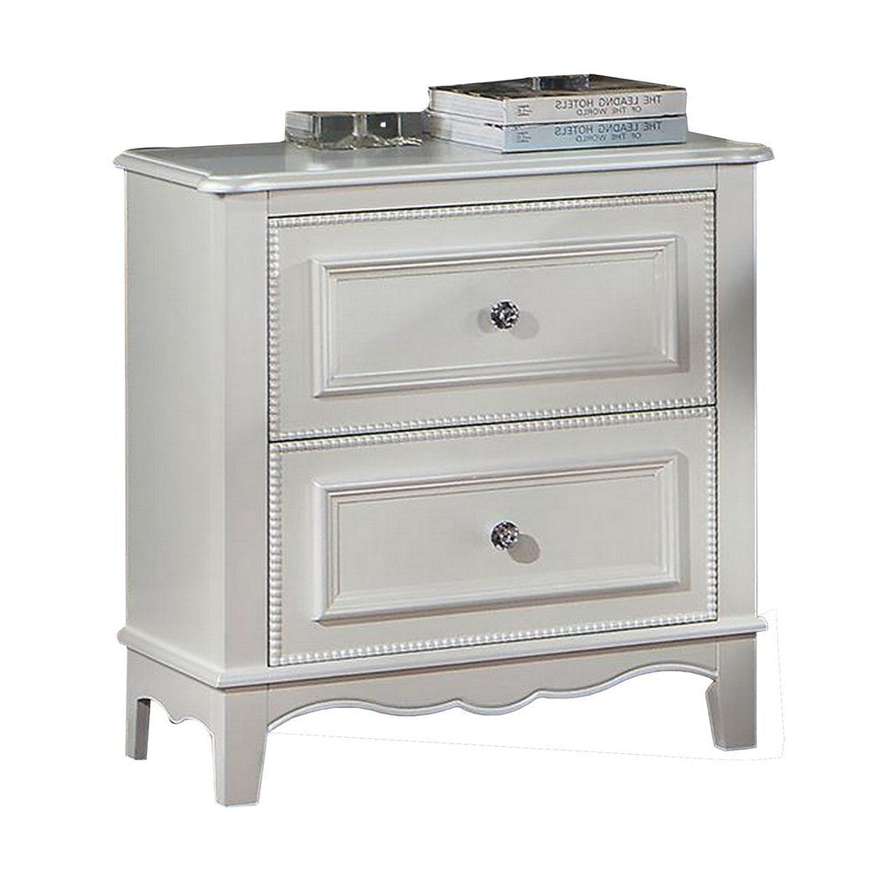 Cade 27 Inch Nightstand, 2 Drawers, Crown Mold, Crystal Knob, Wood, White By Casagear Home