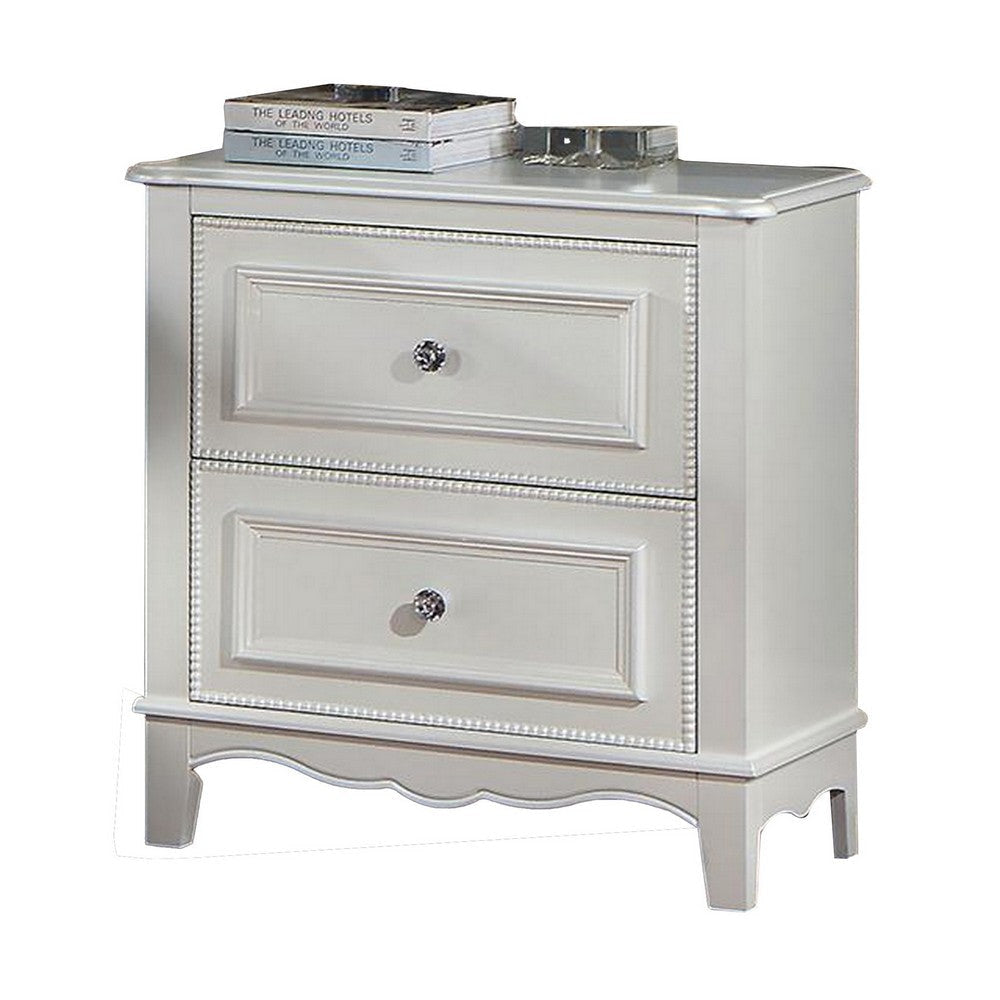 Cade 27 Inch Nightstand 2 Drawers Crown Mold Crystal Knob Wood White By Casagear Home BM310965