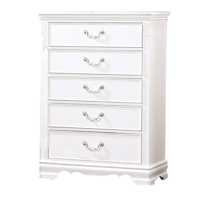 Aleci 48 Inch Tall Dresser Chest 5 Drawers Wood Carved Nickel White By Casagear Home BM310967