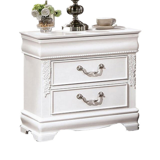 Aleci 24 Inch Nightstand, 2 Drawers, Carved Details, Solid Wood, White By Casagear Home