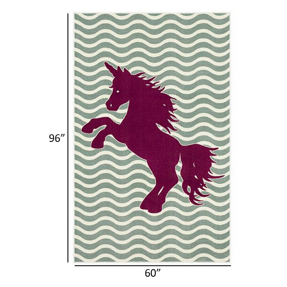 Liya 5 x 8 Medium Area Rug Kids Design Unicorn Wave Pattern Green Brown By Casagear Home BM310982