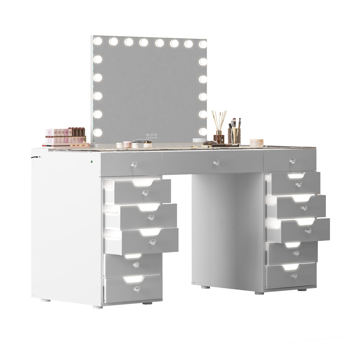 Niki 60 Inch Vanity Desk 13 Drawers USB Port Glass Tabletop White By Casagear Home BM311018