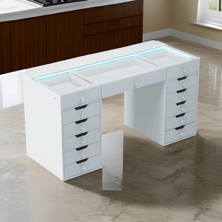 Niki 60 Inch Vanity Desk, 13 Drawers, USB Port, Glass Tabletop, White By Casagear Home