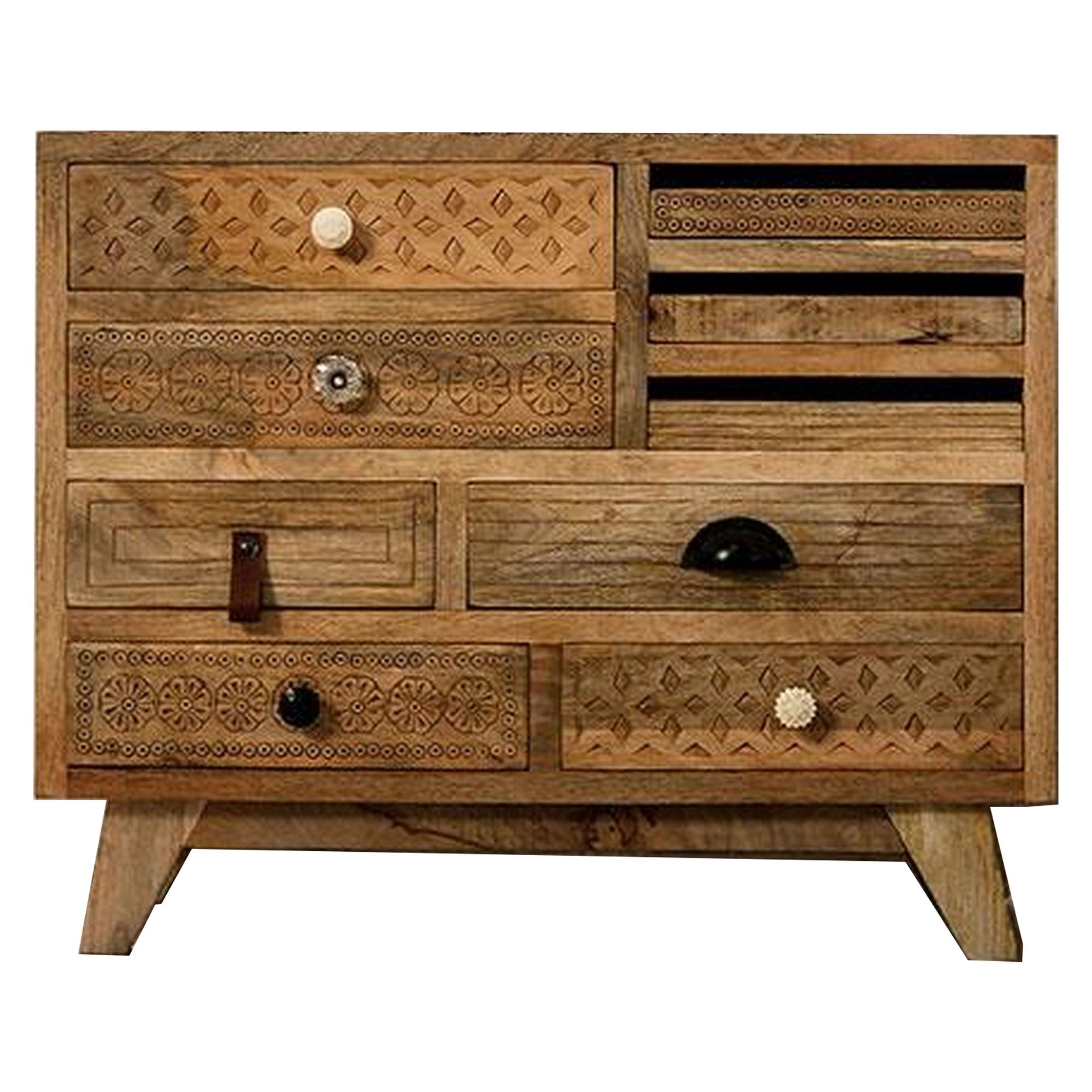 Blan 32 Inch Dresser Chest 9 Drawer Hand Carved Natural Mango Wood By Casagear Home BM311032