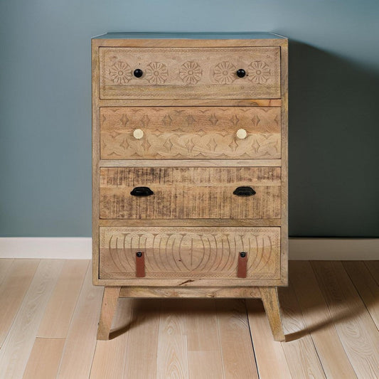 Blan 43 Inch Tall Dresser Chest 4 Drawer Hand Carved Brown Mango Wood By Casagear Home BM311033