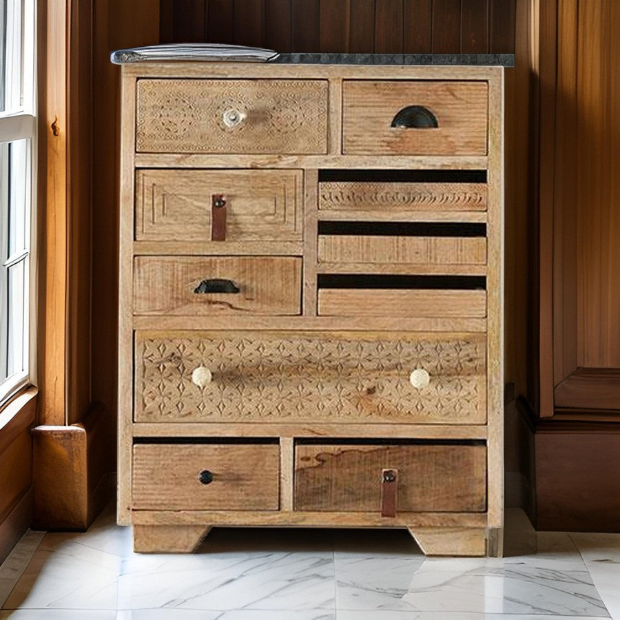 Blan 36 Inch Tall Dresser Chest, 10 Drawer, Natural Brown Mango Wood By Casagear Home