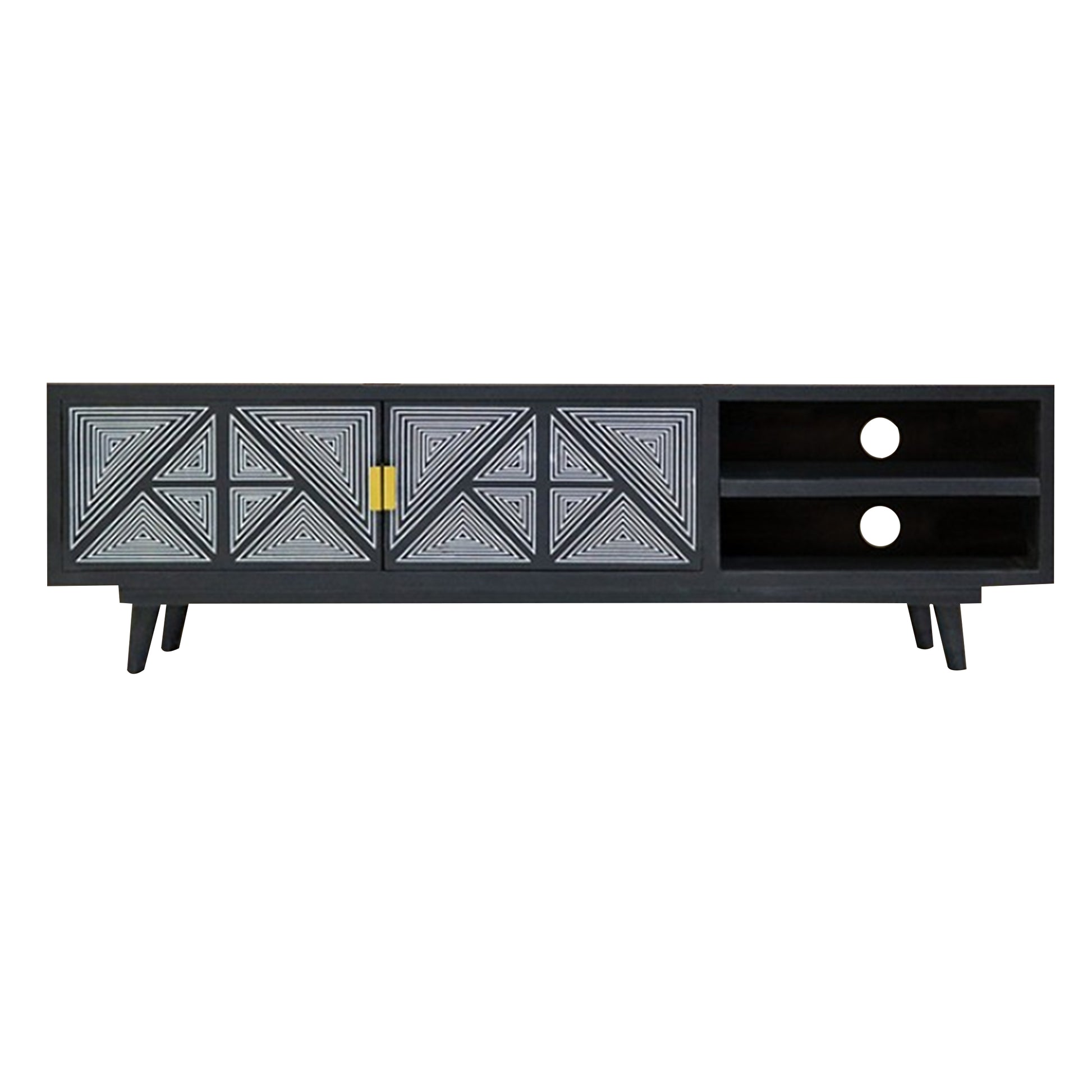 Zaha 56 Inch TV Media Console 2 Door Screen Print Black Mango Wood By Casagear Home BM311060