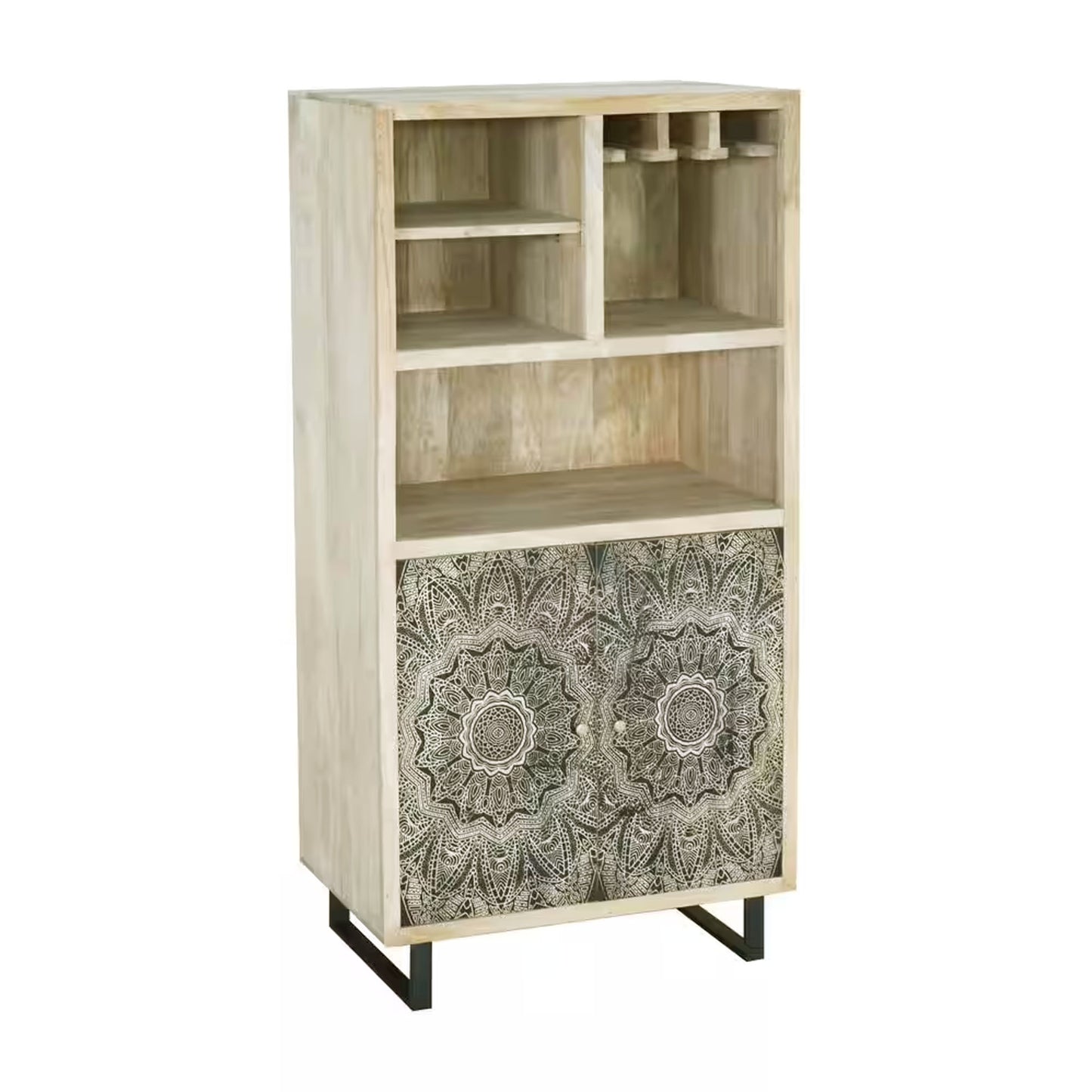 Olan 50 Inch Wine Cabinet 2 Door 4 Shelf Screen Print Wood Natural By Casagear Home BM311063