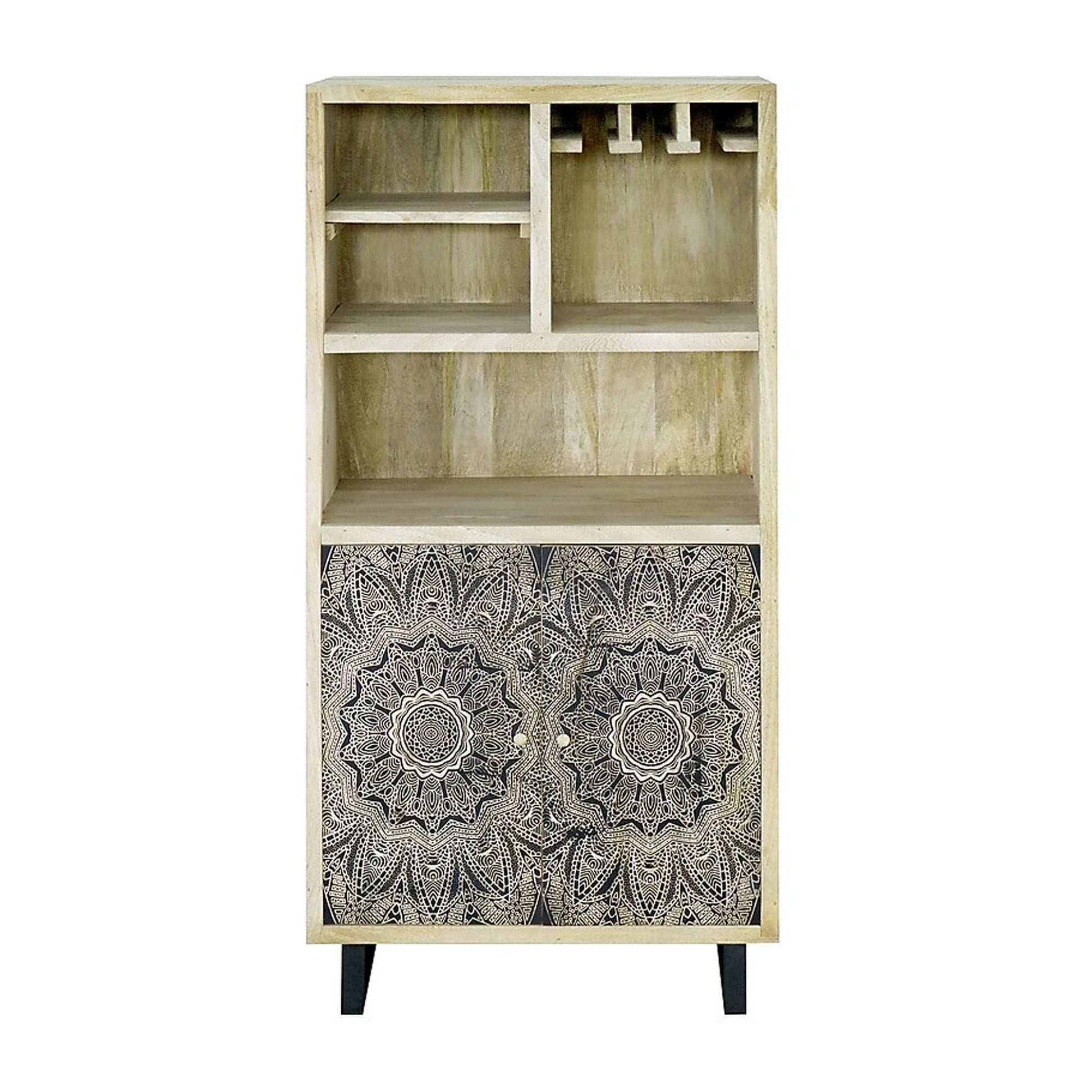 Olan 50 Inch Wine Cabinet 2 Door 4 Shelf Screen Print Wood Natural By Casagear Home BM311063