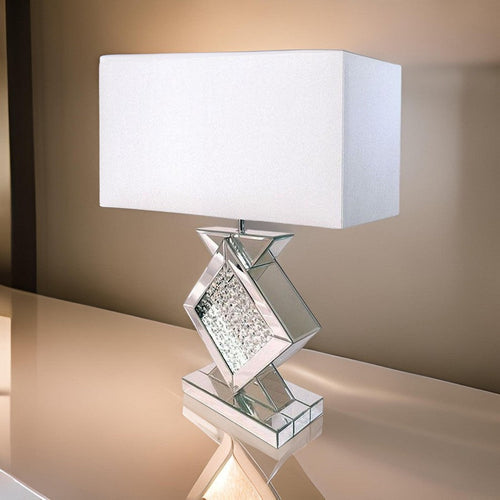 27 Inch Table Lamp, Acrylic Crystals, Diamond Base, Champagne Silver Metal By Casagear Home