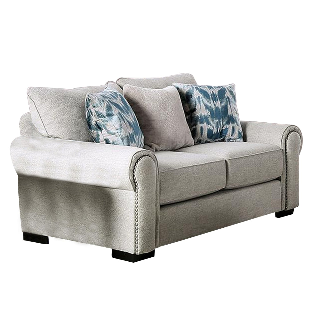 Beni 75 Inch Loveseat Rolled Arms 5 Pillows Nailhead Trim Beige Blue By Casagear Home BM311102