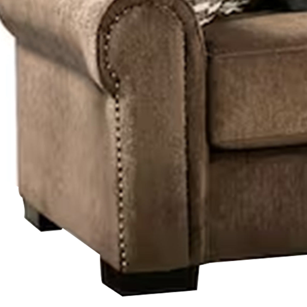 Beni 100 Inch Sofa Rolled Arms 5 Pillows Nailhead Trim Beige Brown By Casagear Home BM311105