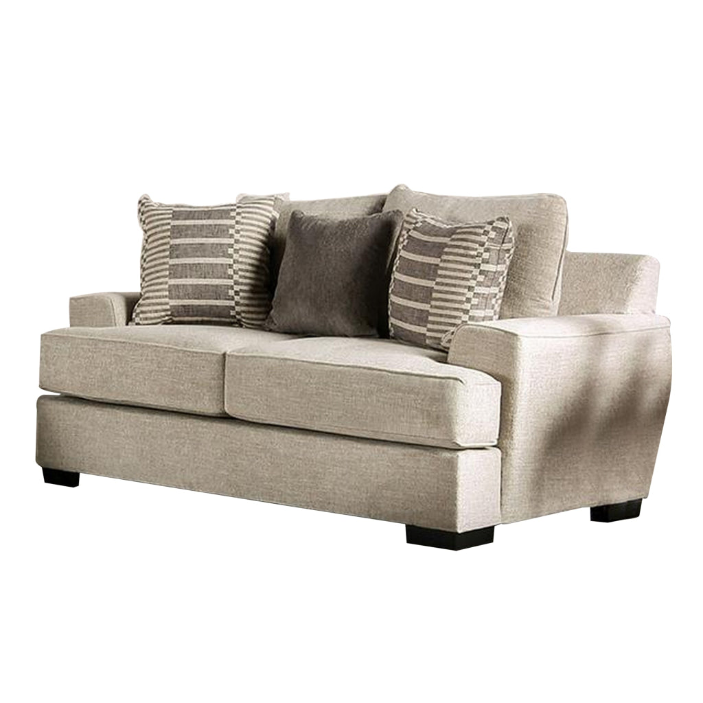 Loy 75 Inch Loveseat 3 Throw Pillows Cushioned Gray Beige Upholstery By Casagear Home BM311106