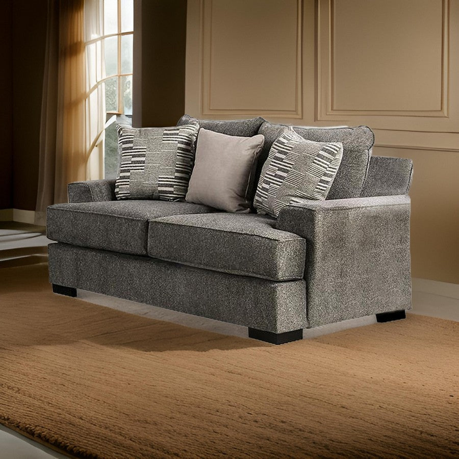 Loy 75 Inch Loveseat 3 Throw Pillows Cushioned Gray Taupe Upholstery By Casagear Home BM311108