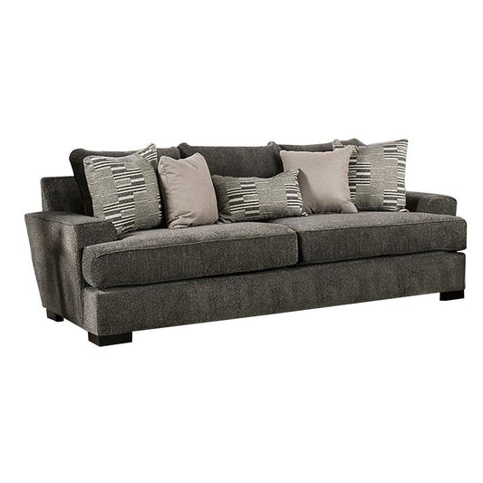 Loy 101 Inch Sofa, 5 Throw Pillows, Cushioned Seat, Gray, Taupe Upholstery By Casagear Home