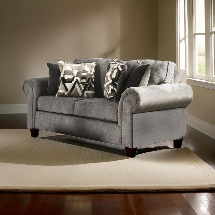 Due 72 Inch Loveseat Rolled Arms and 4 Accent Pillows Gray Chenille By Casagear Home BM311115