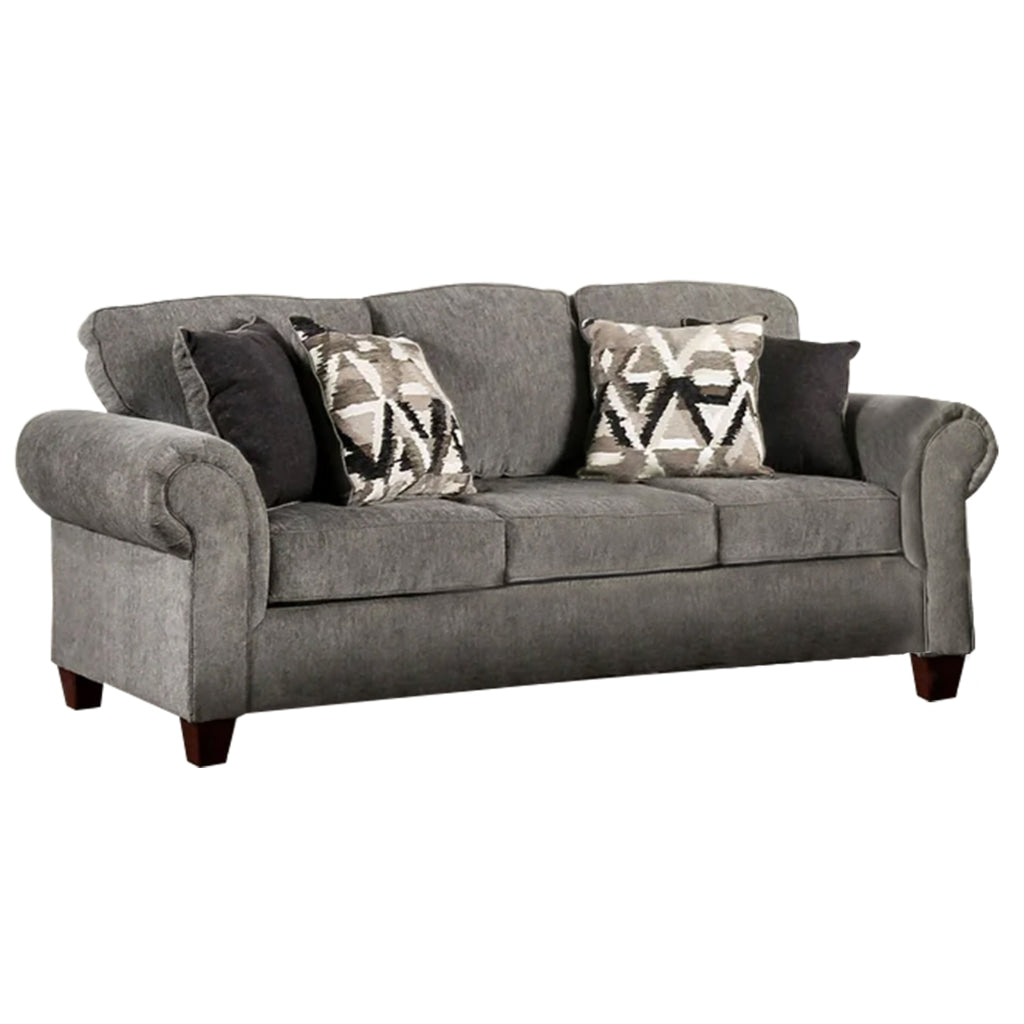 Due 91 Inch Sofa Rolled Arms 4 Accent Pillows Gray Chenille Upholstery By Casagear Home BM311116