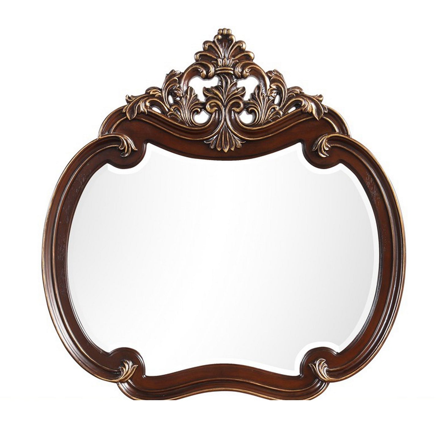 Mike 48 x 49 Buffet Mirror Round Wood Frame Carved Crown Top Cherry Brown By Casagear Home BM311120