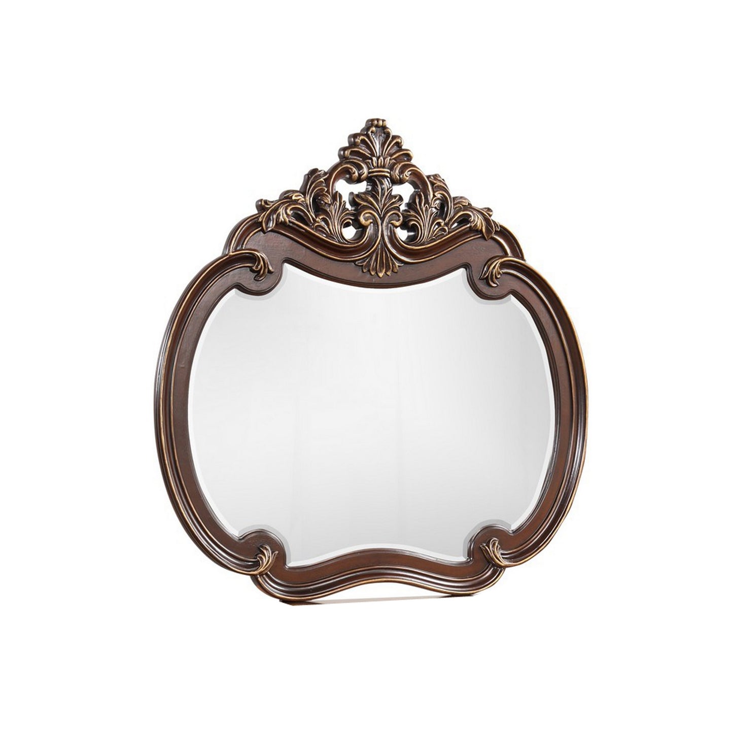 Mike 48 x 49 Buffet Mirror Round Wood Frame Carved Crown Top Cherry Brown By Casagear Home BM311120