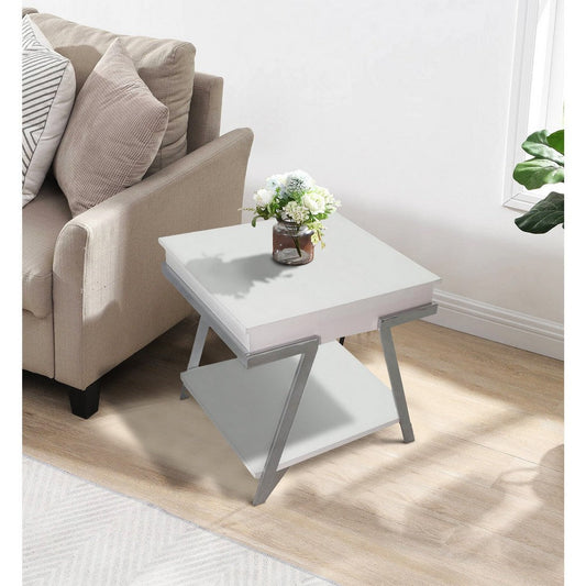 Casey 26 Inch End Table, Chrome Angled Metal Frame, Square Glossy White Top By Casagear Home