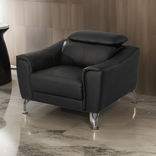 Reno Mave 42 Inch Accent Chair, Chrome Metal, Black Leather Upholstery By Casagear Home