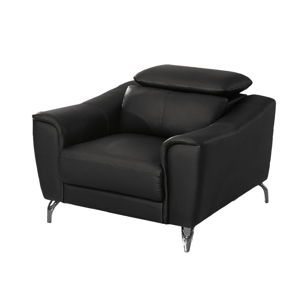 Reno Mave 42 Inch Accent Chair, Chrome Metal, Black Leather Upholstery By Casagear Home