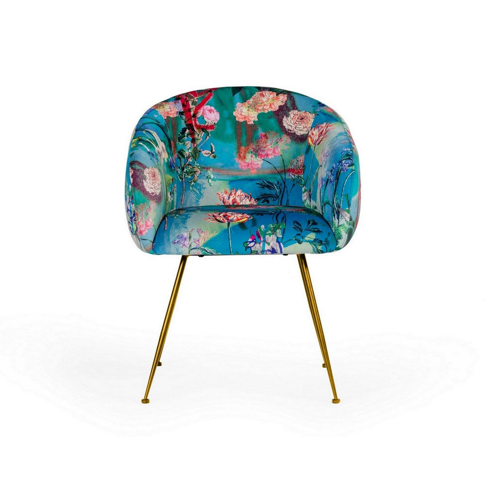 25 Inch Dining Chair Floral Design Gold Legs Blue Velvet Upholstery By Casagear Home BM311153