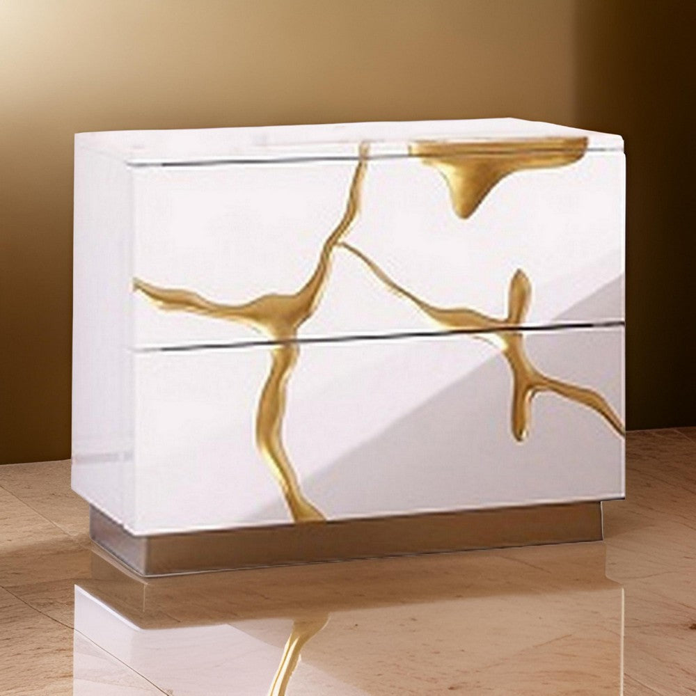 24 Inch Nightstand, 2 Drawers, Gold Details, Metal Base, White Wood By Casagear Home