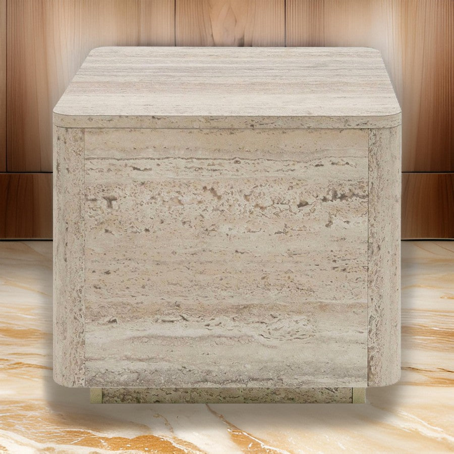 Lia 20 Inch End Table, Square Travertine Stone Finish Laminated Top By Casagear Home