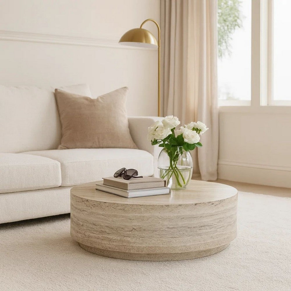 Lia 39 Inch Coffee Table, Round Travertine Stone Finish Laminated Top By Casagear Home