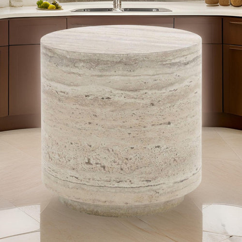 Lia 18 Inch End Table, Round Travertine Stone Finish Laminated Top By Casagear Home