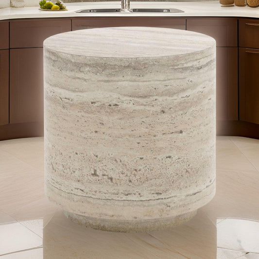 Lia 18 Inch End Table, Round Travertine Stone Finish Laminated Top By Casagear Home