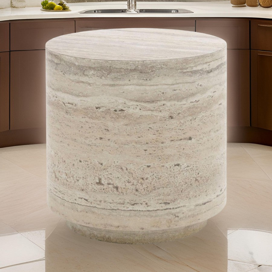 Lia 18 Inch End Table, Round Travertine Stone Finish Laminated Top By Casagear Home