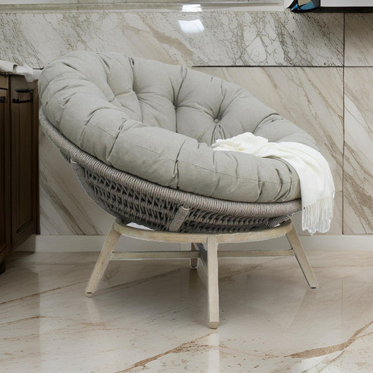 43 Inch Outdoor Lounge Chair, Acacia Wood, Rope Frame, Gray, Brown Finish By Casagear Home