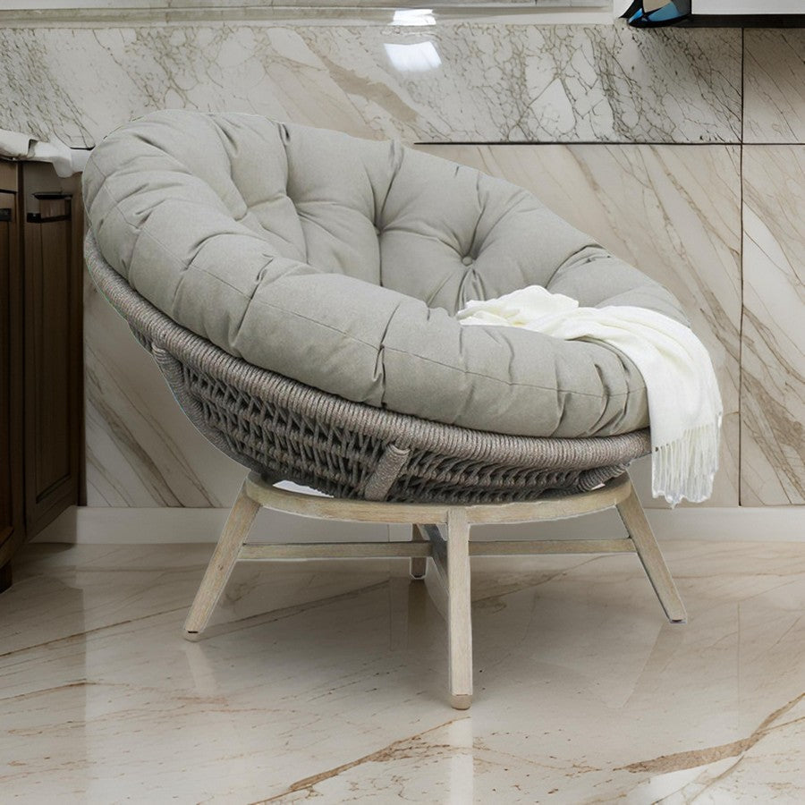 43 Inch Outdoor Lounge Chair, Acacia Wood, Rope Frame, Gray, Brown Finish By Casagear Home