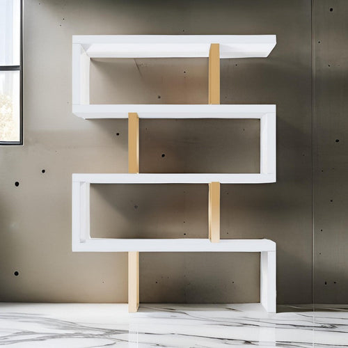 67 Inch Bookcase, Vertical Freestanding Divider, 4 Shelves, White, Gold By Casagear Home