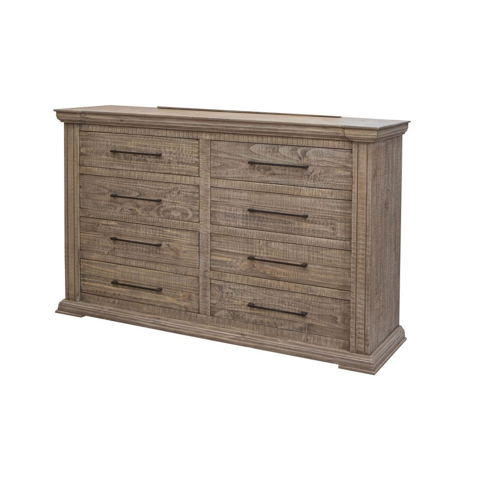 Tren 69 Inch Dresser 8 Drawers with Black Handles Pine Wood Gray By Casagear Home BM311199