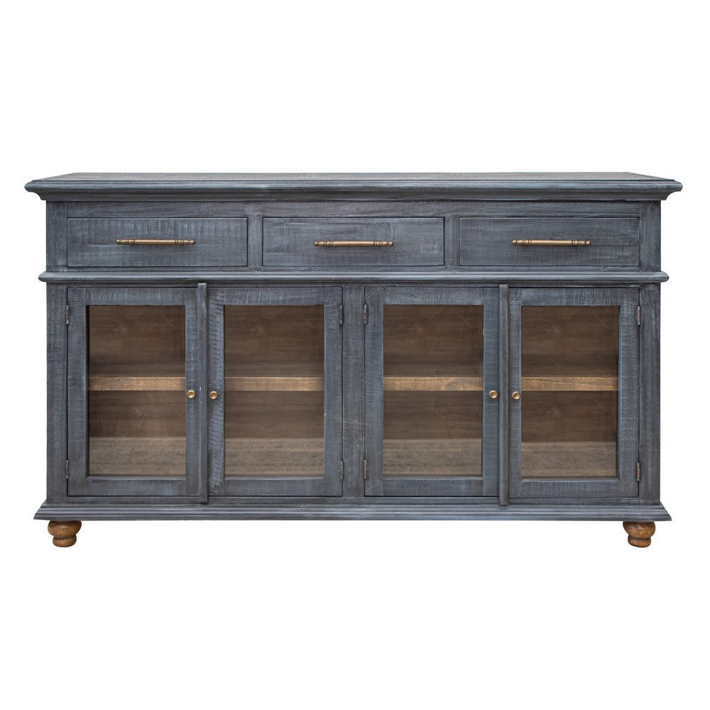 71 Inch Sideboard Console Table 3 Drawers 4 Glass Doors Pine Wood Blue By Casagear Home BM311202