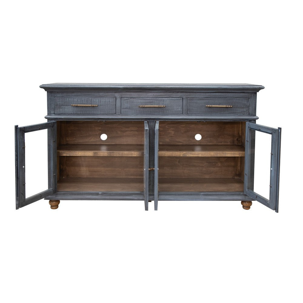 71 Inch Sideboard Console Table 3 Drawers 4 Glass Doors Pine Wood Blue By Casagear Home BM311202