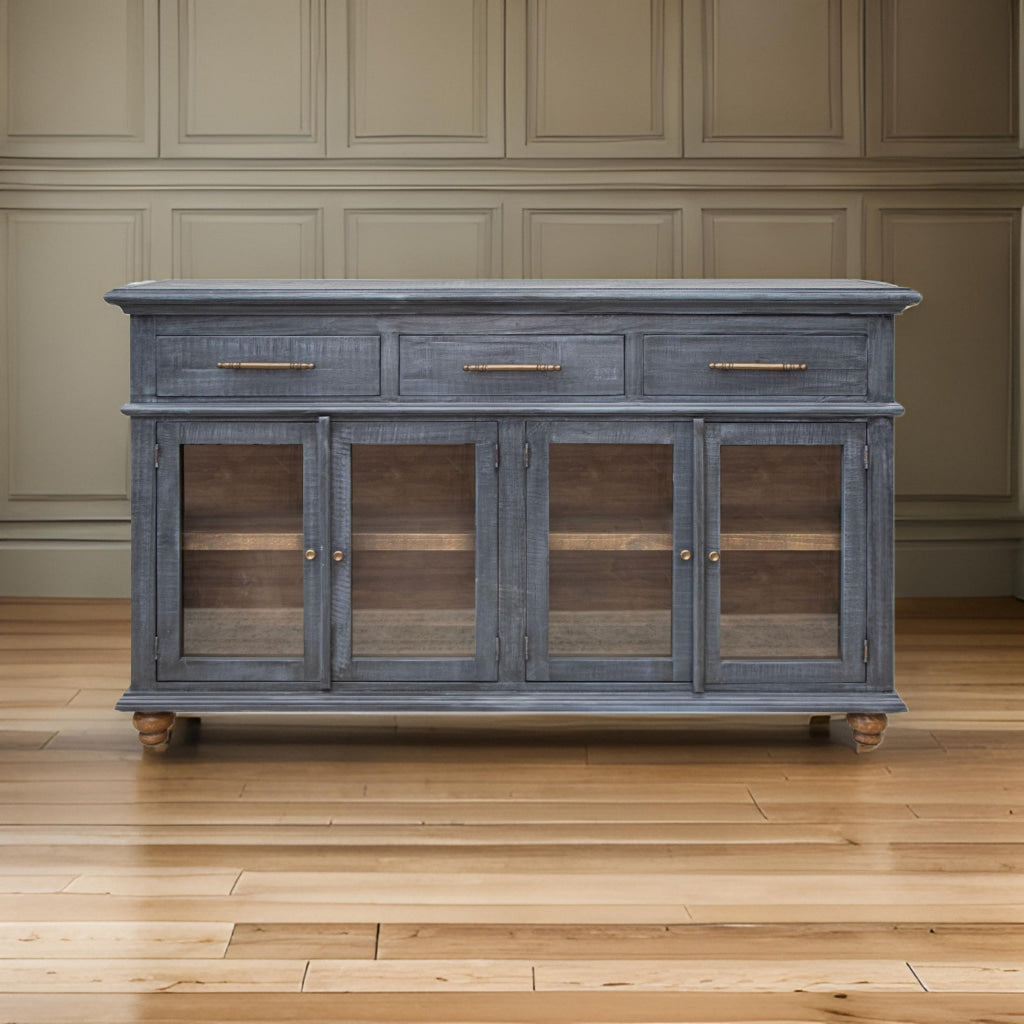 71 Inch Sideboard Console Table, 3 Drawers, 4 Glass Doors, Pine Wood, Blue By Casagear Home