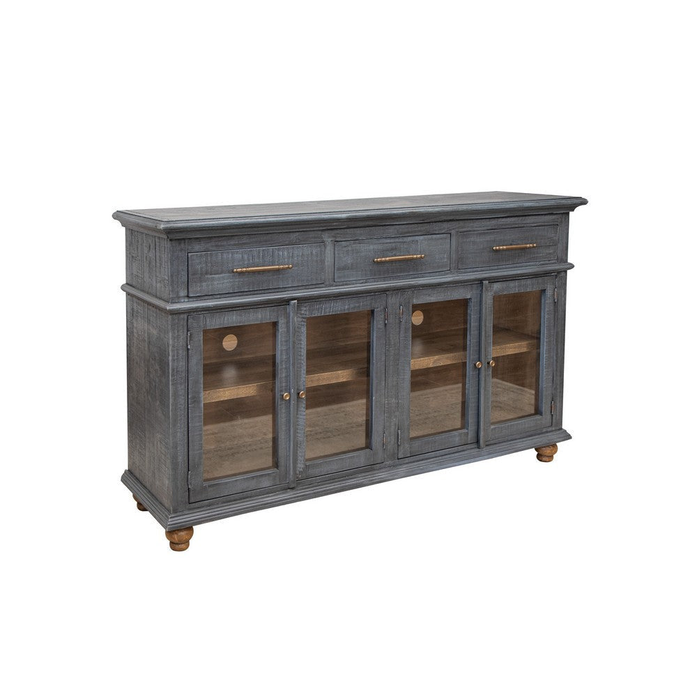 71 Inch Sideboard Console Table 3 Drawers 4 Glass Doors Pine Wood Blue By Casagear Home BM311202