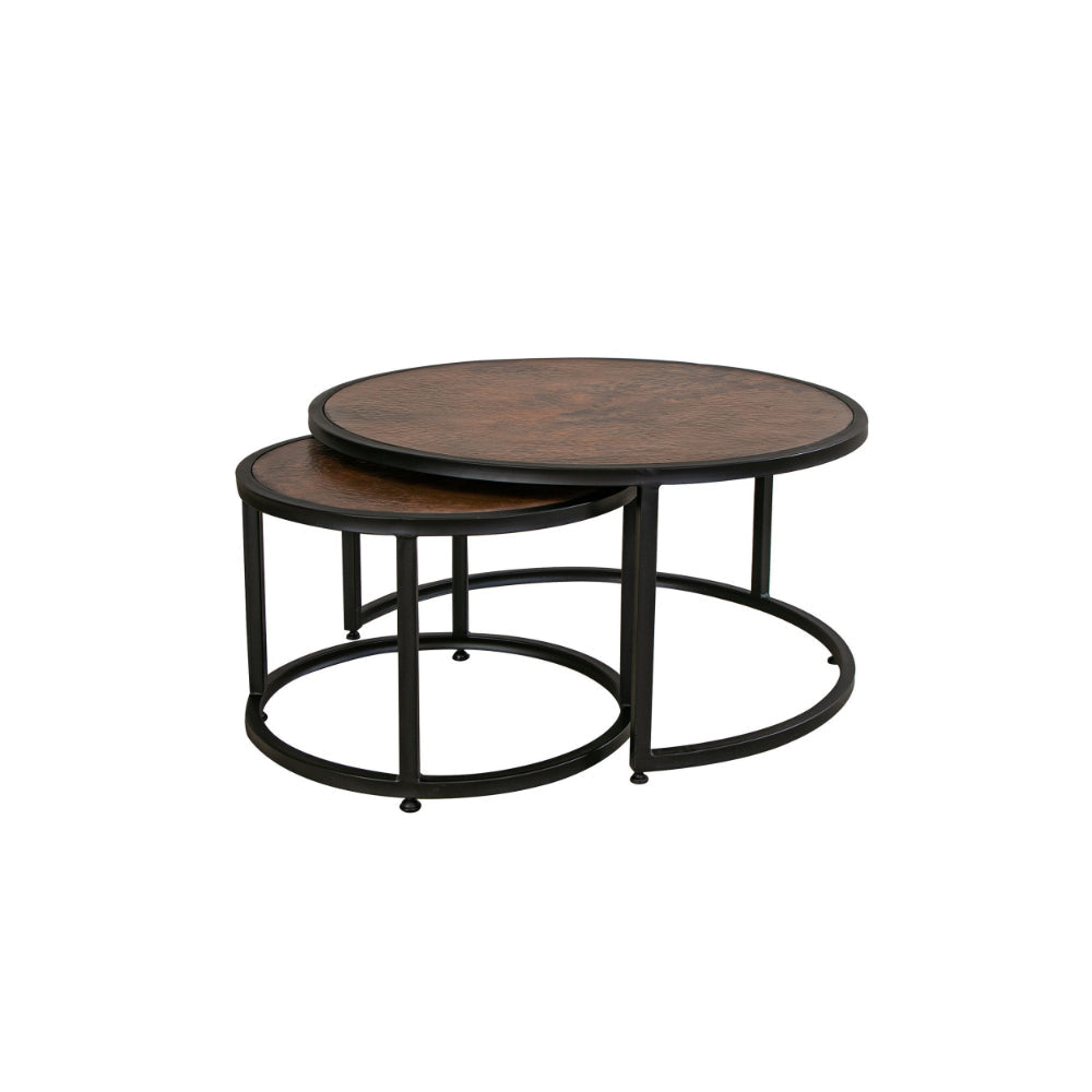 Brun Coffee Table Set of 2, Nesting, Copper Top, Black Iron Curved Base By Casagear Home