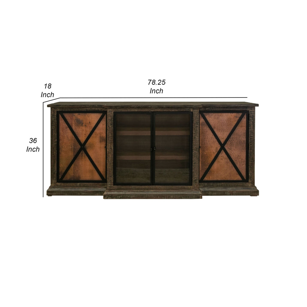 Brun 78 Inch Sideboard Console 2 Acrylic 2 Copper Doors Brown Pine Wood By Casagear Home BM311212