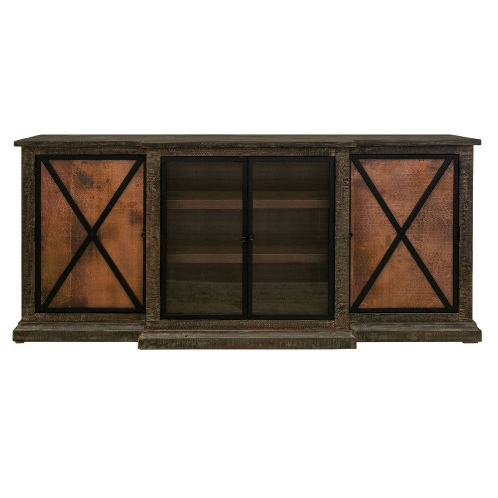 Brun 78 Inch Sideboard Console, 2 Acrylic, 2 Copper Doors, Brown Pine Wood By Casagear Home