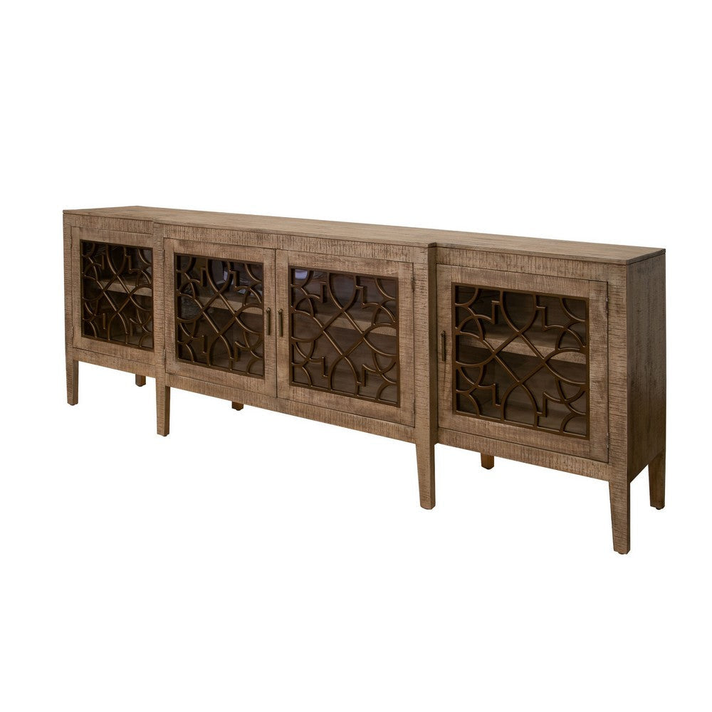 Medo 107 Inch Sideboard Console Brown Pine Wood 4 Doors Metal Handles By Casagear Home BM311220
