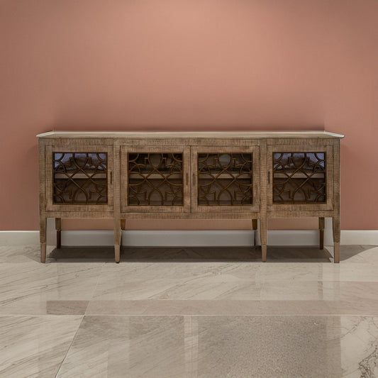 Medo 107 Inch Sideboard Console, Brown Pine Wood, 4 Doors, Metal Handles By Casagear Home