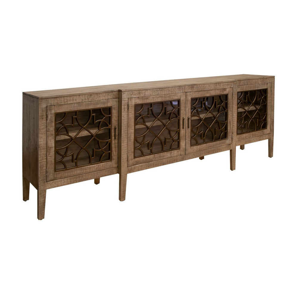 Medo 107 Inch Sideboard Console Brown Pine Wood 4 Doors Metal Handles By Casagear Home BM311220