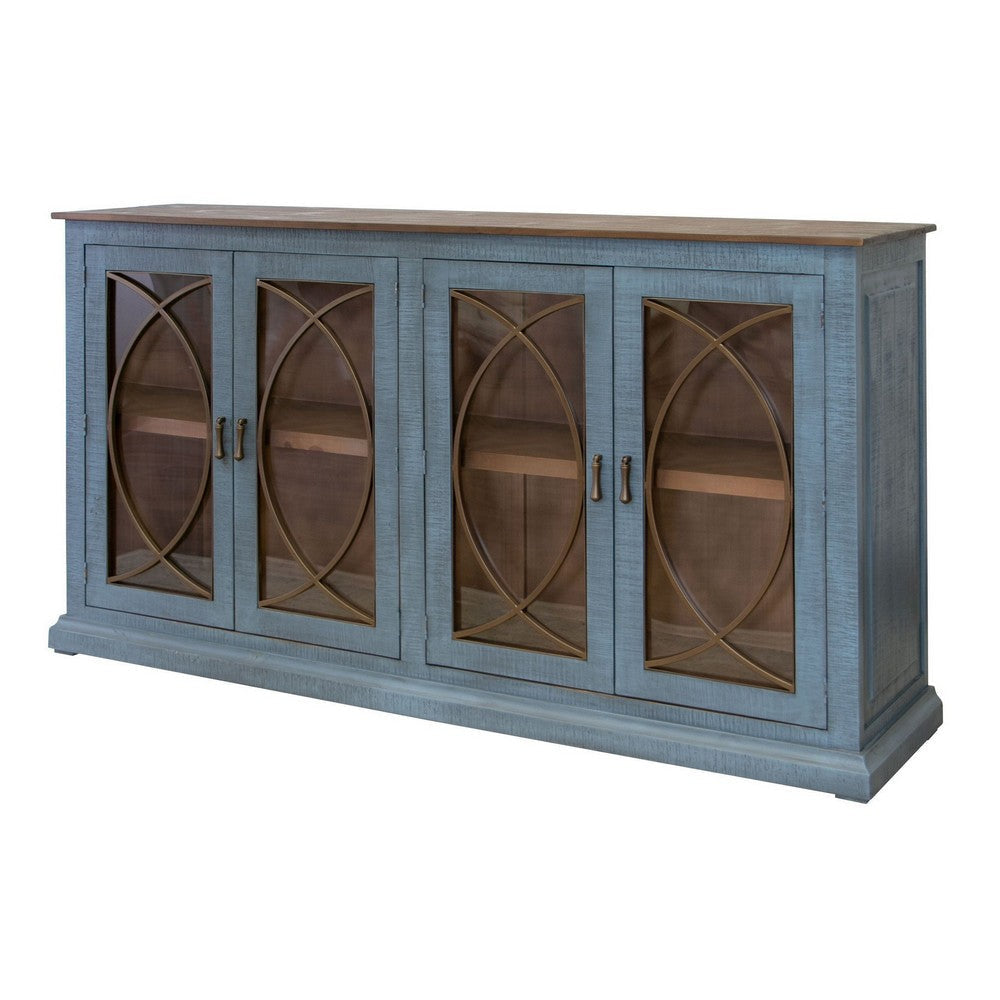 Miln 77 Inch Sideboard Console Blue Pine Wood 4 Doors Gold Accents By Casagear Home BM311221