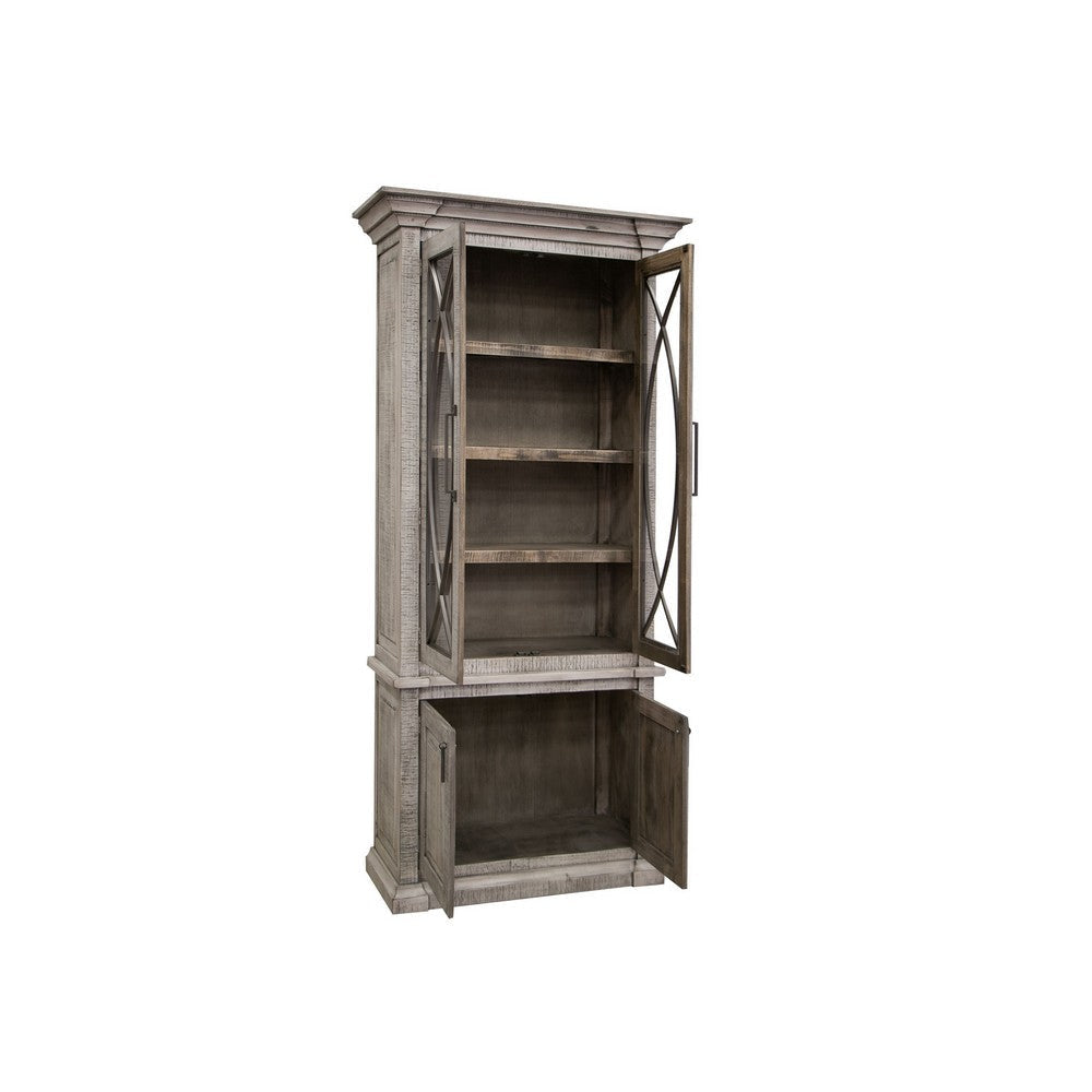Miln 87 Inch Cabinet Pine Wood Weathered Gray 4 Doors Metal Handles BM311222